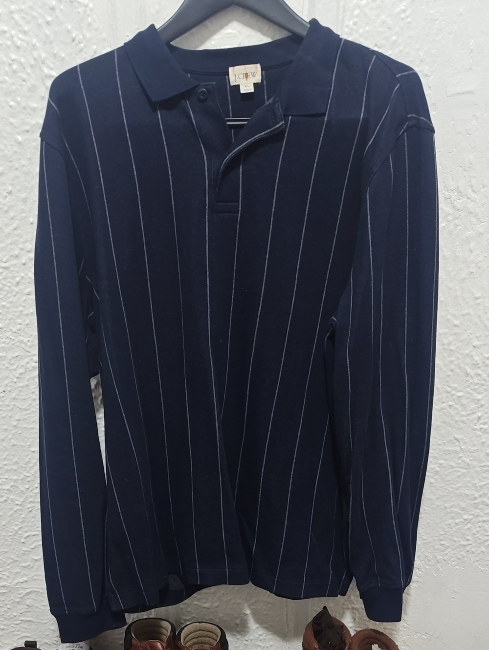 J. Crew Men's Navy Long-Sleeve Polo with White Pinstripes